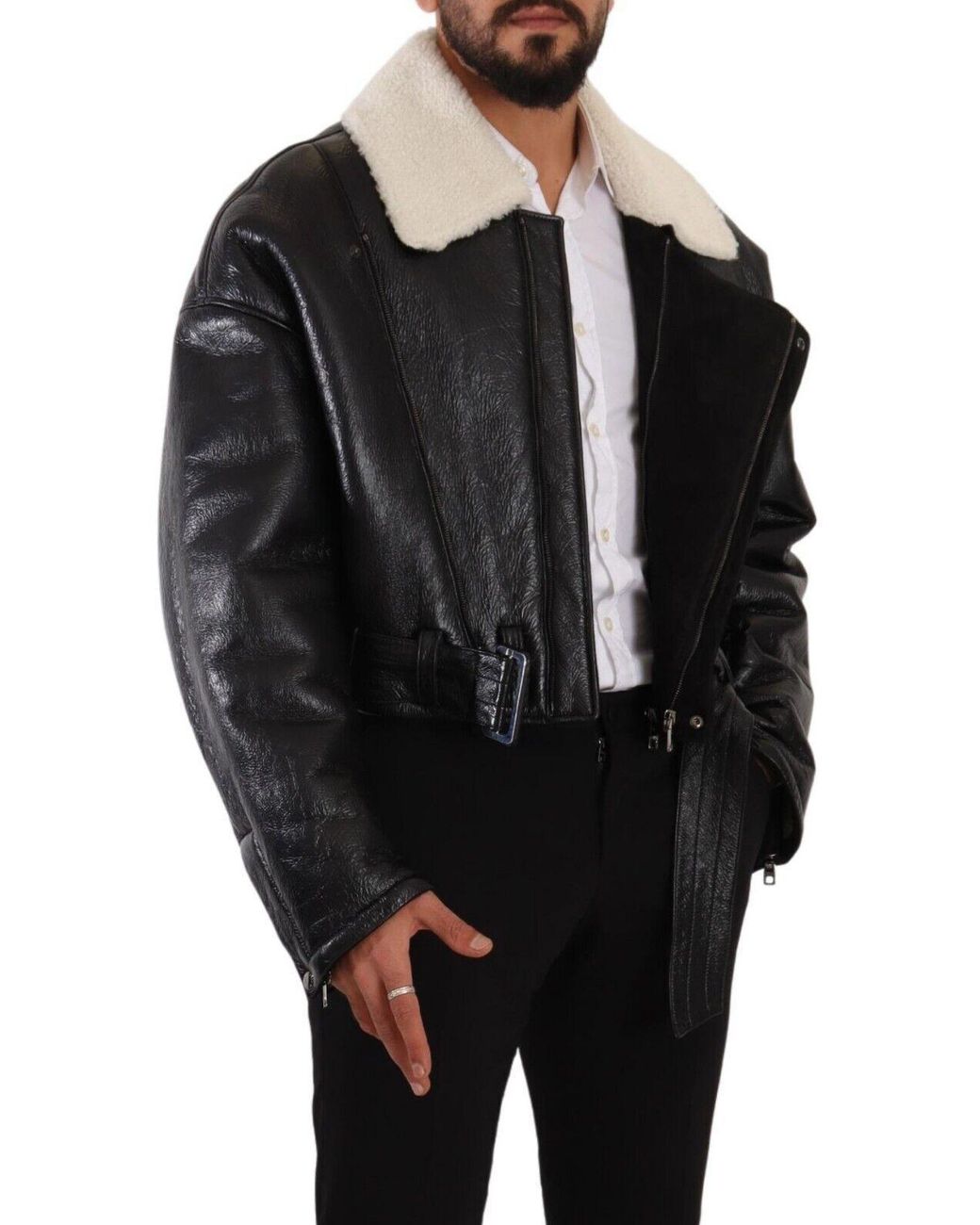 Dolce & Gabbana Black Leather Shearling Biker Coat Jacket Lamb Leather for men