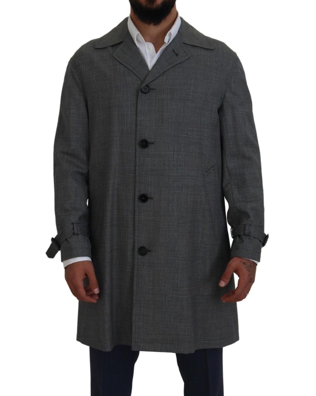 Dolce & Gabbana Black Elegant Plaid Trench Coat for men