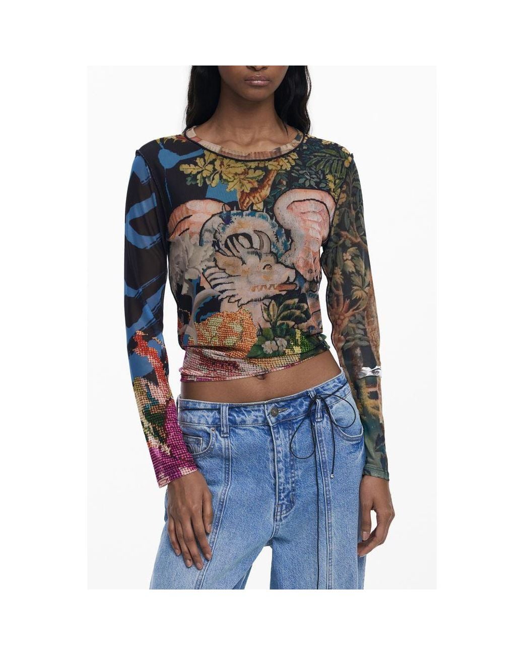 Desigual Blue Floral Mesh Long Sleeve Top