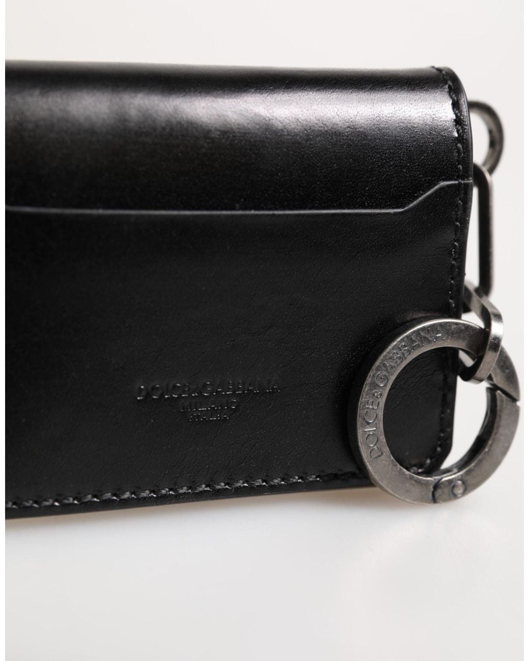 Dolce & Gabbana Black Leather Logo Embossed Key Chain Card Holder Wallet for men