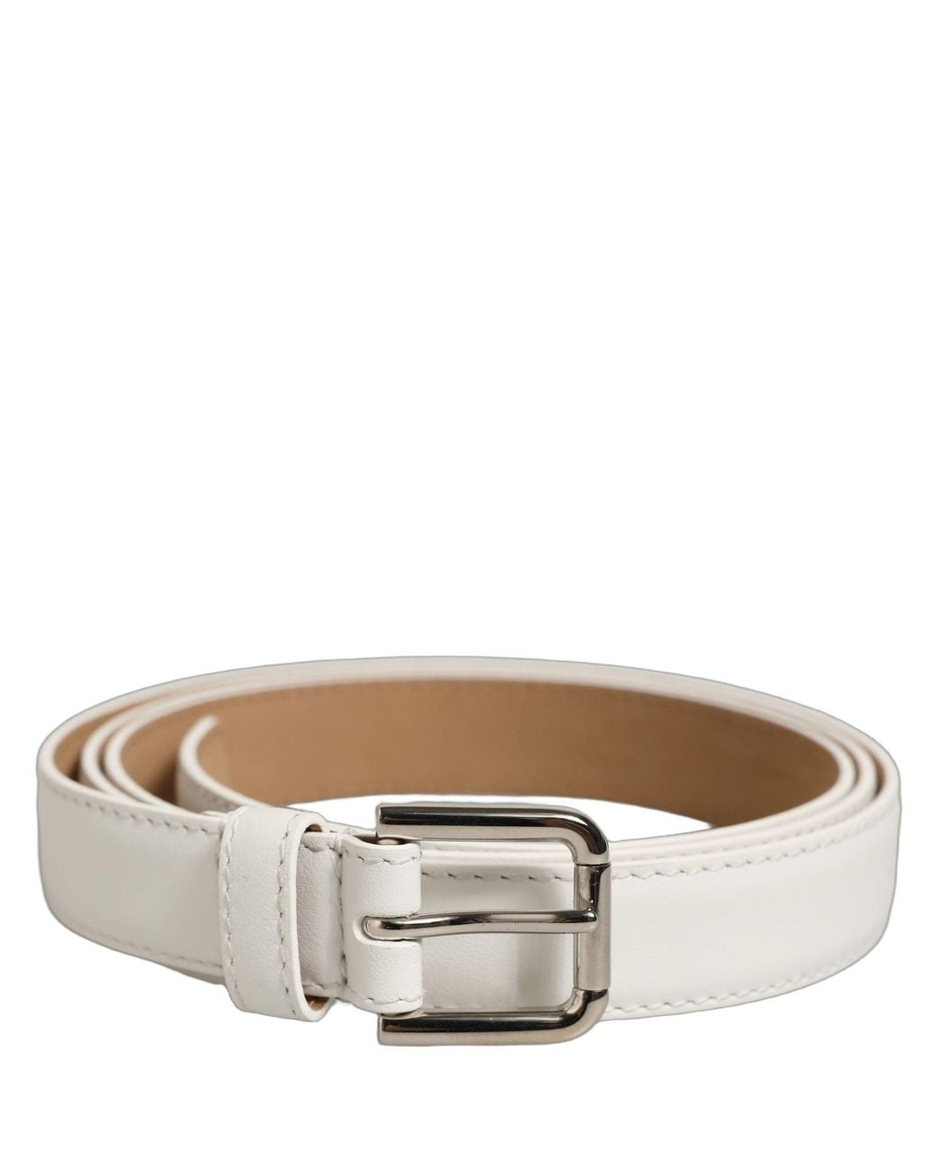 Dolce & Gabbana Gray White Leather Silver Tone Metal Buckle Belt