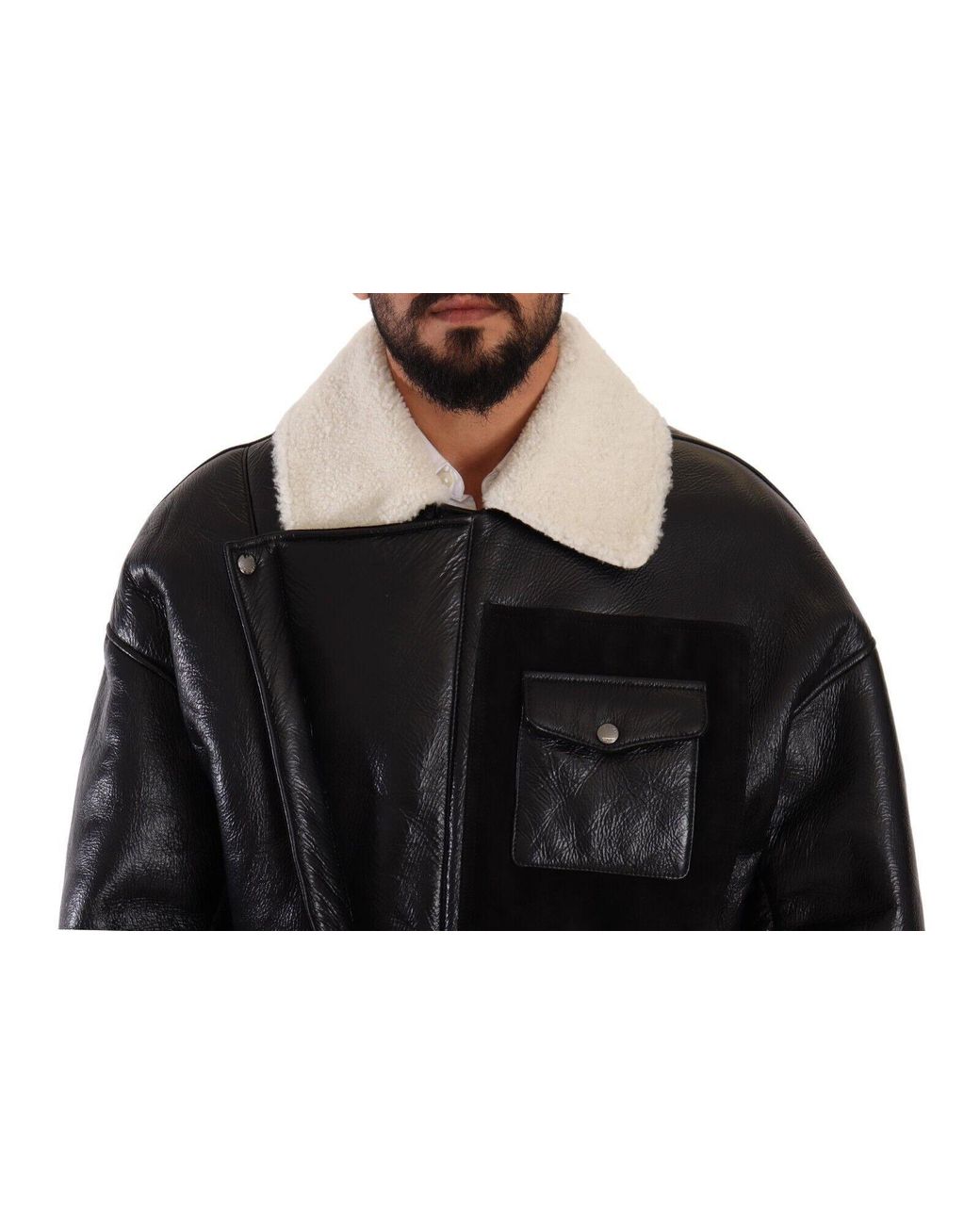 Dolce & Gabbana Black Leather Shearling Biker Coat Jacket Lamb Leather for men