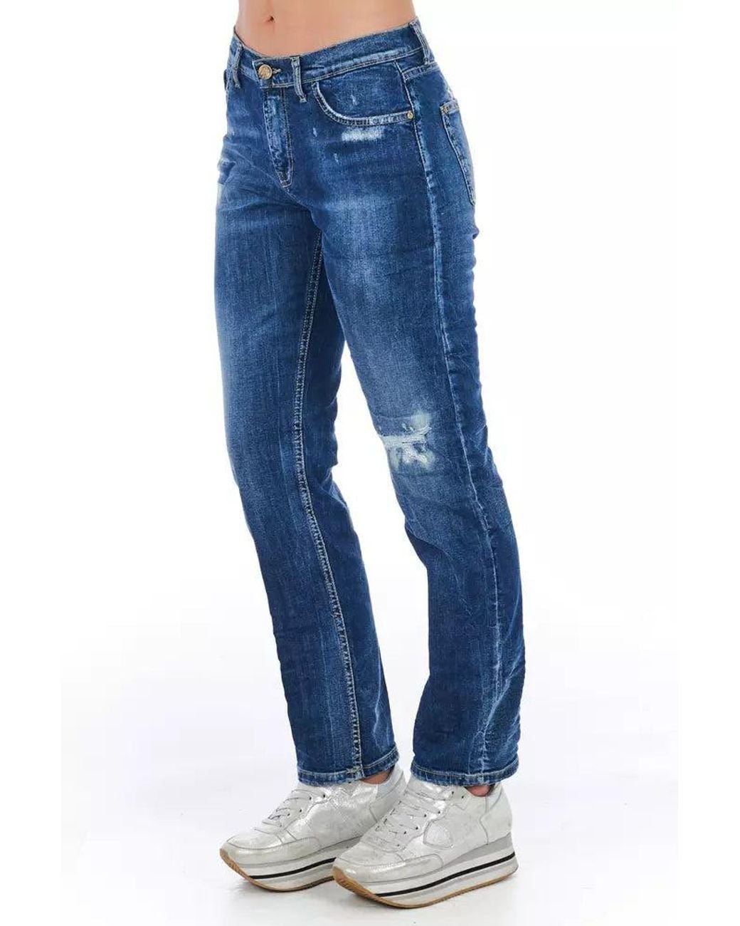 Frankie Morello Blue Cotton Blend Worn Wash Jeans