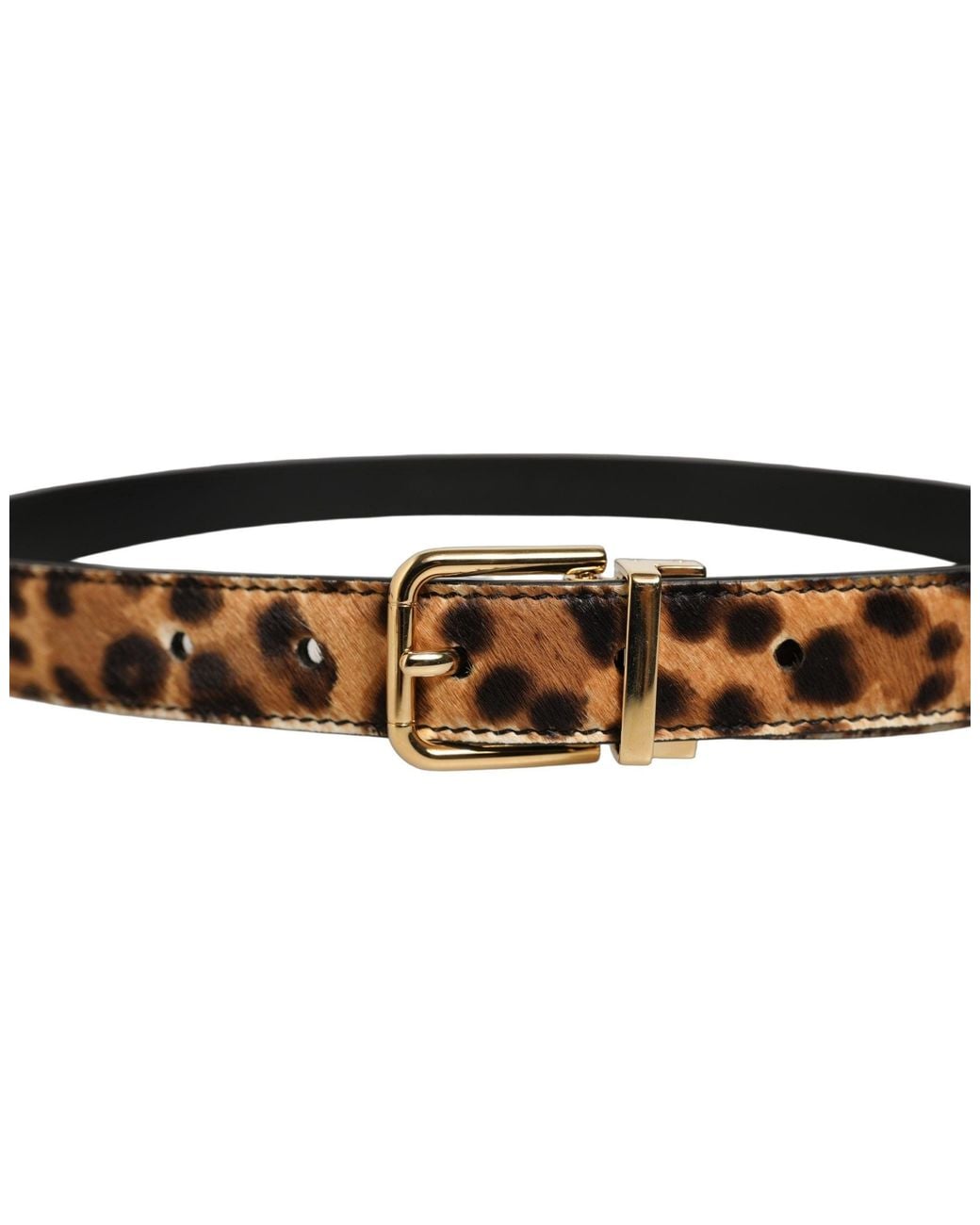 Dolce & Gabbana Black Brown Leopard Calf Hair Gold Tone Buckle Belt