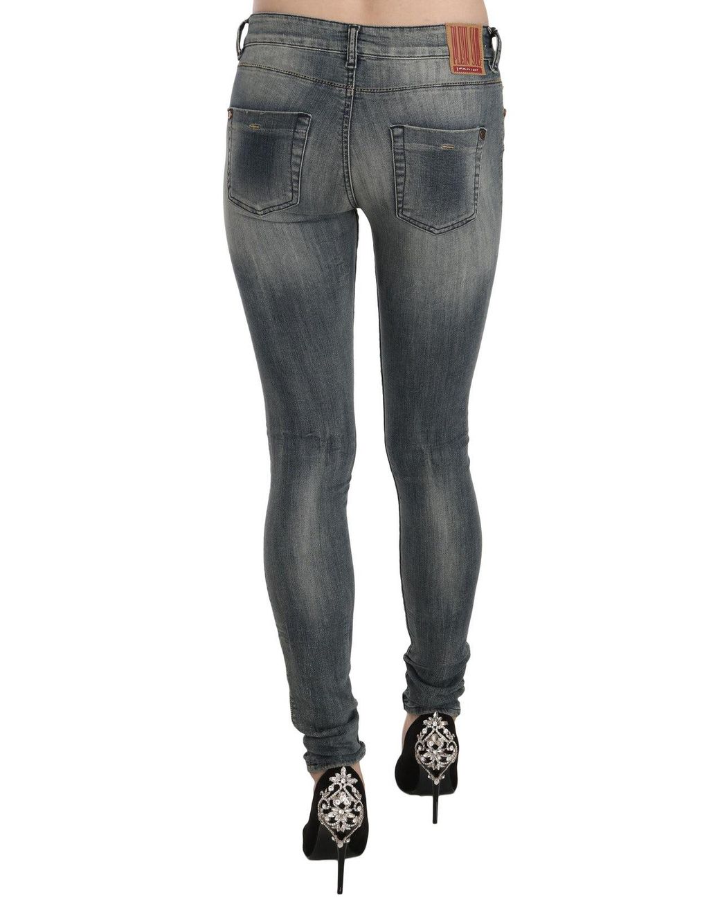 Plein Sud Black Blue Washed Low Waist Slim Fit Skinny Denim Casual Jeans