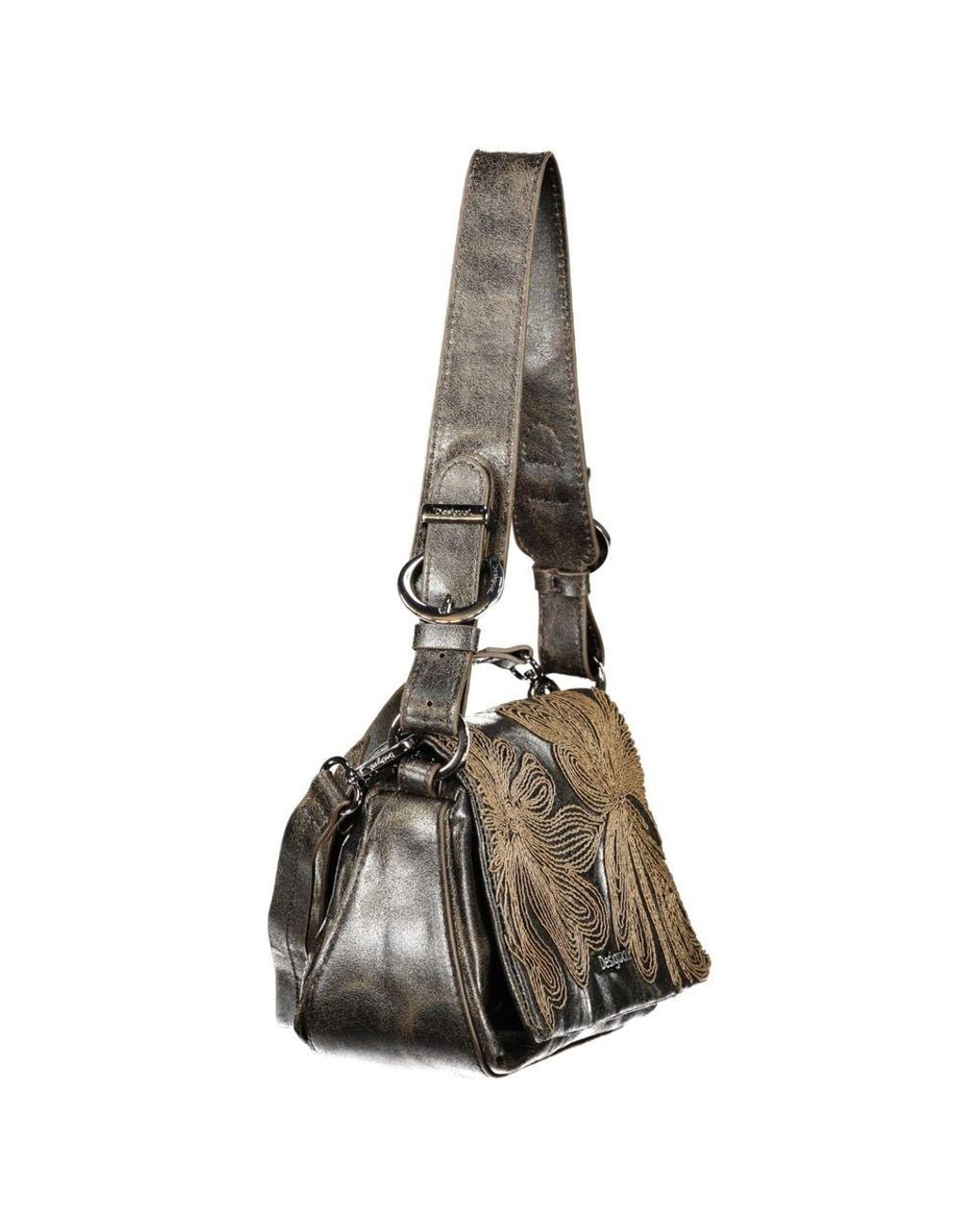 Desigual Black Brown Polyurethane 's Bag With Embroidery And Magnet Closure