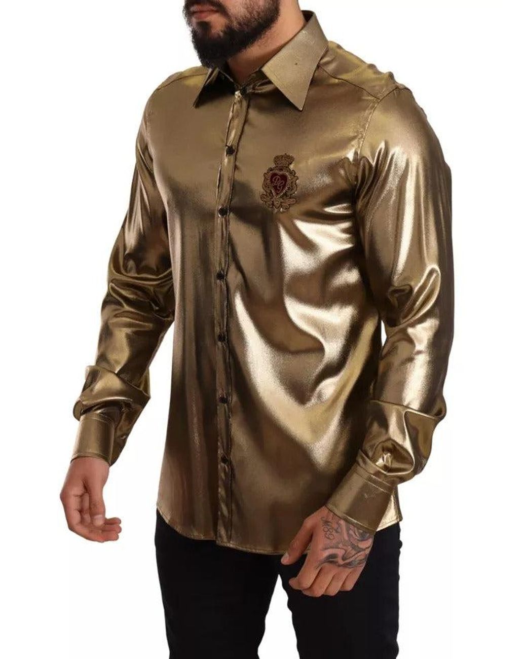 Dolce & Gabbana Metallic Gold Dg Embroidered Crown Silk Top Shirt in Brown  for Men | Lyst
