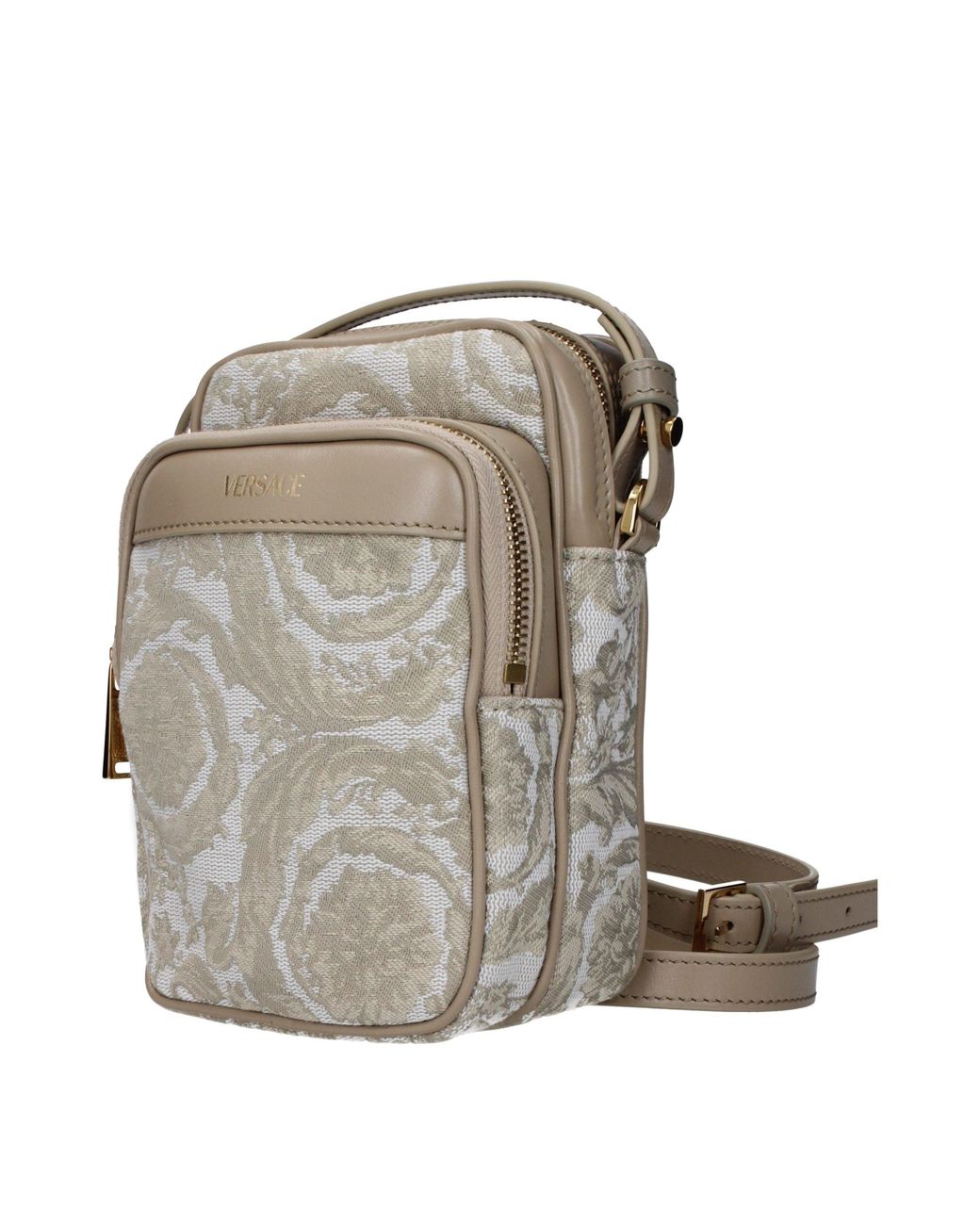 Versace Metallic Beige Fabric Crossbody Bag for men