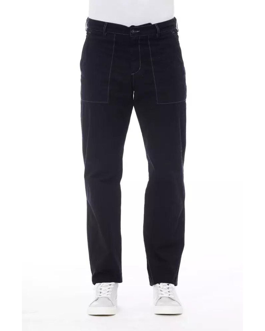 Alpha Studio Blue Chic Cotton Pants With Contrast Stitching for men