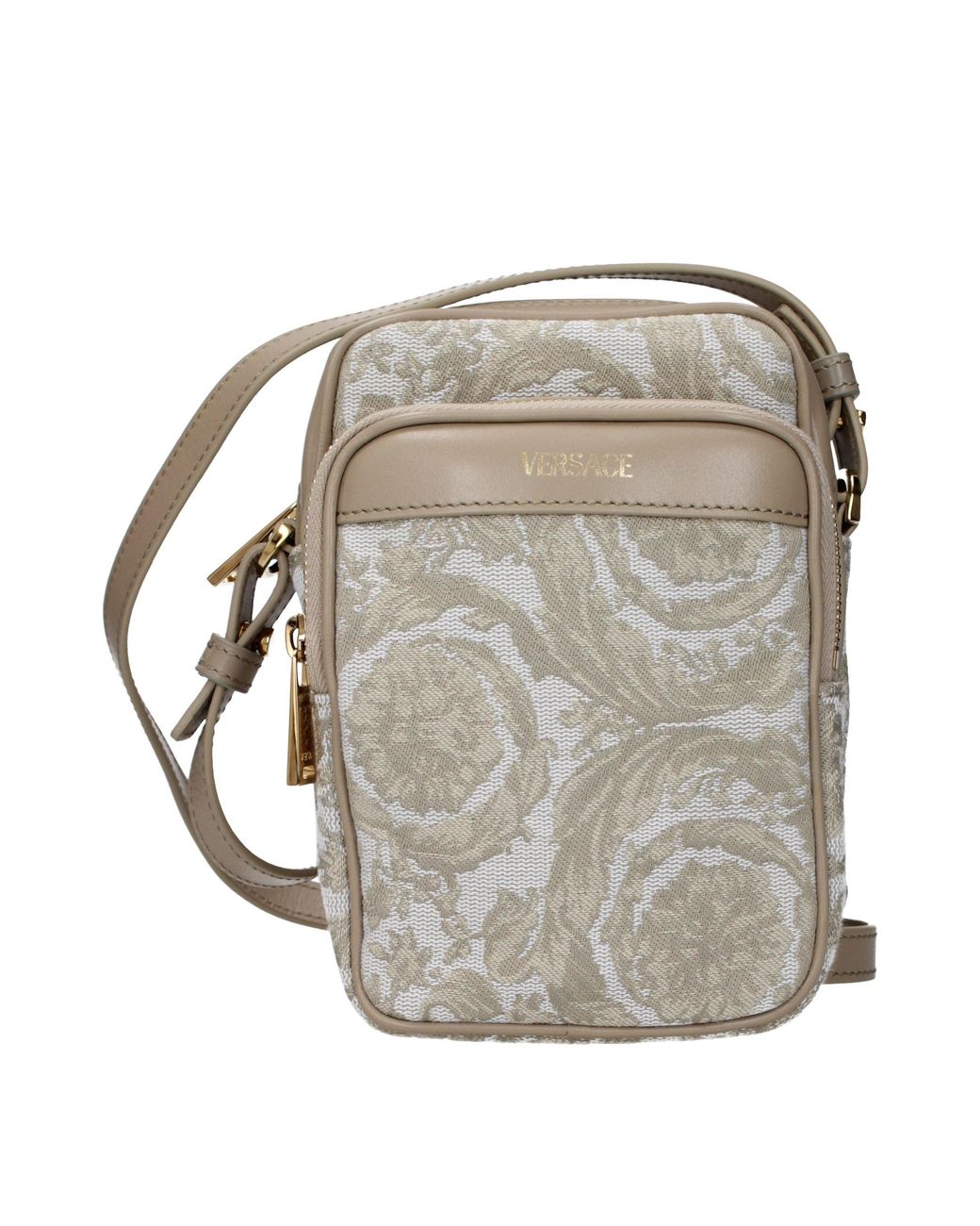 Versace Metallic Beige Fabric Crossbody Bag for men