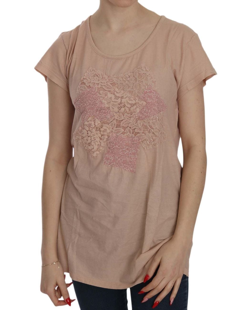 Pink Memories Multicolor Pink Cream Lace Short Sleeve Shirt Top Cotton Blouse