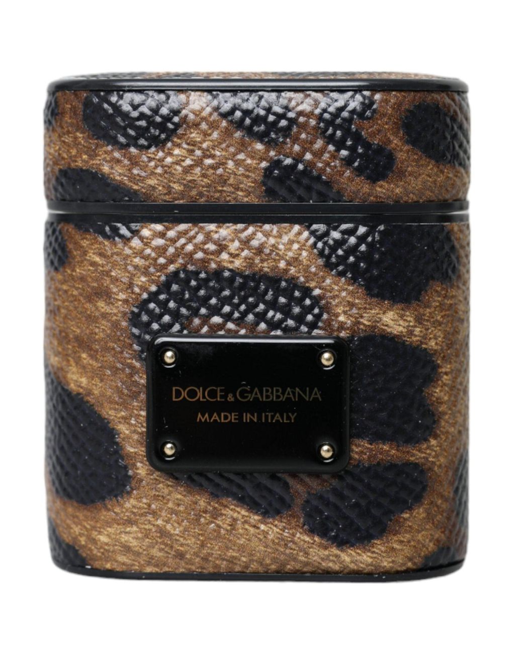 Dolce & Gabbana Black Leopard Calf Leather Metal Logo Plaque Airpods Case