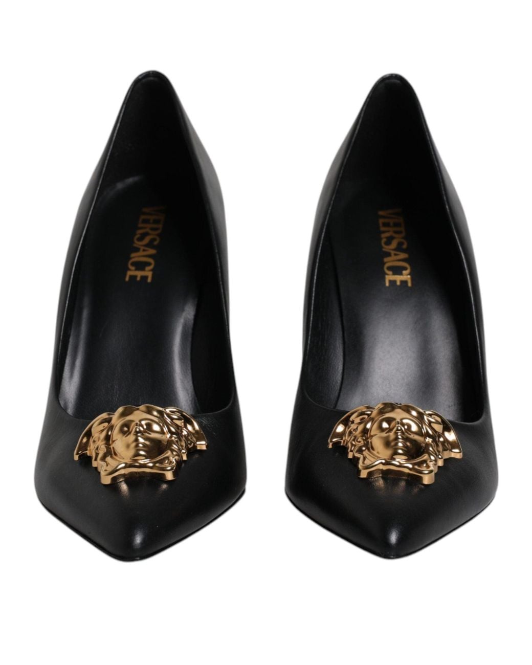 Versace Black Leather Logo Plaque High Heels Pumps Shoes