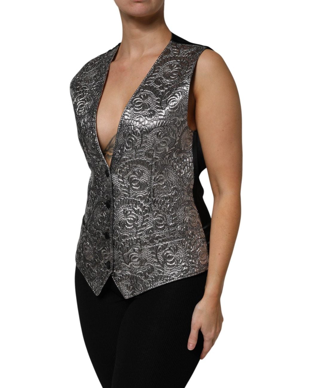 Dolce & Gabbana Black Silver Floral Jacquard Sleeveless Vest Top for men