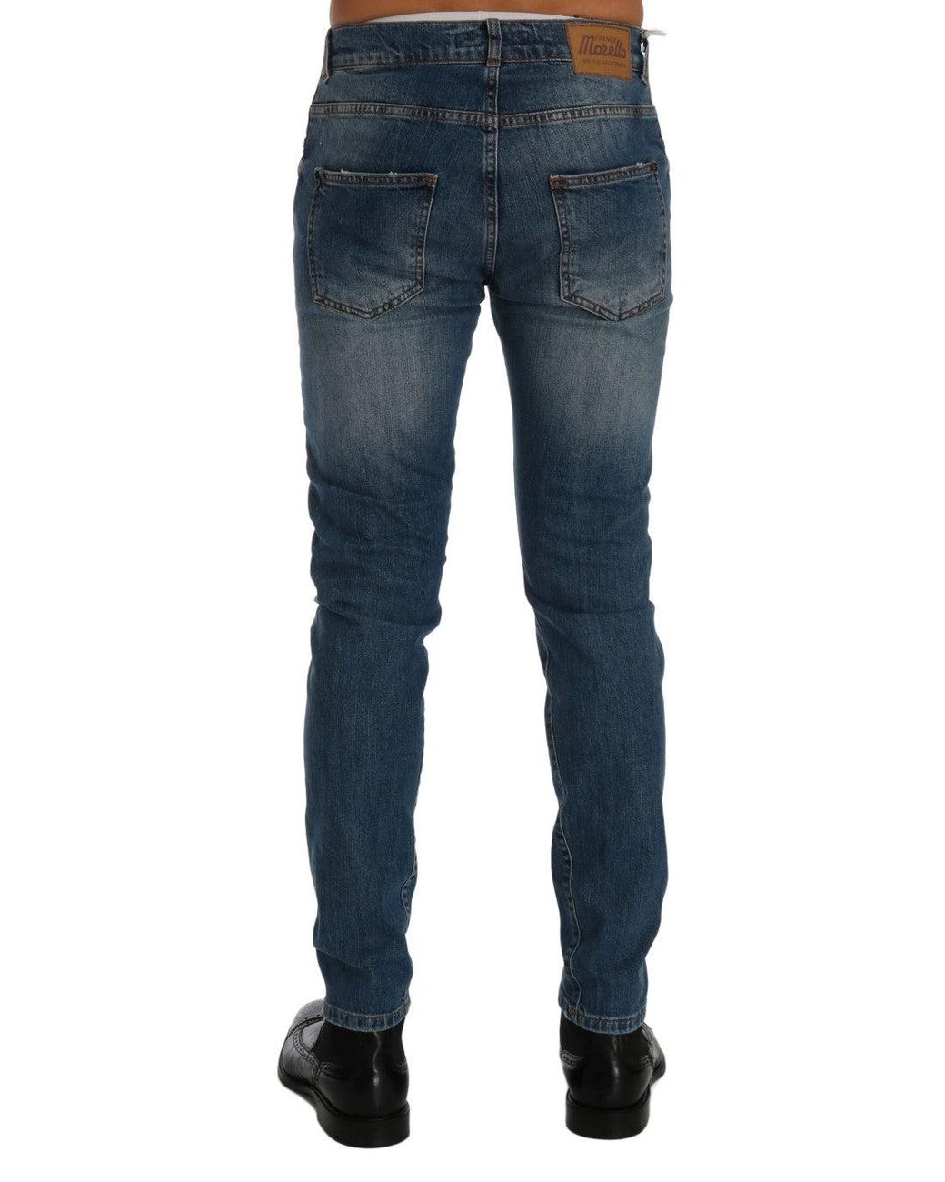 Frankie Morello Blue Wash Torn Dunfermile Slim Fit Jeans for men