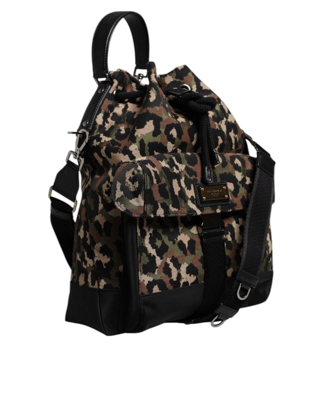 Dolce & Gabbana Black Multicolor Leopard Cotton Shoulder Bucket Bag for men