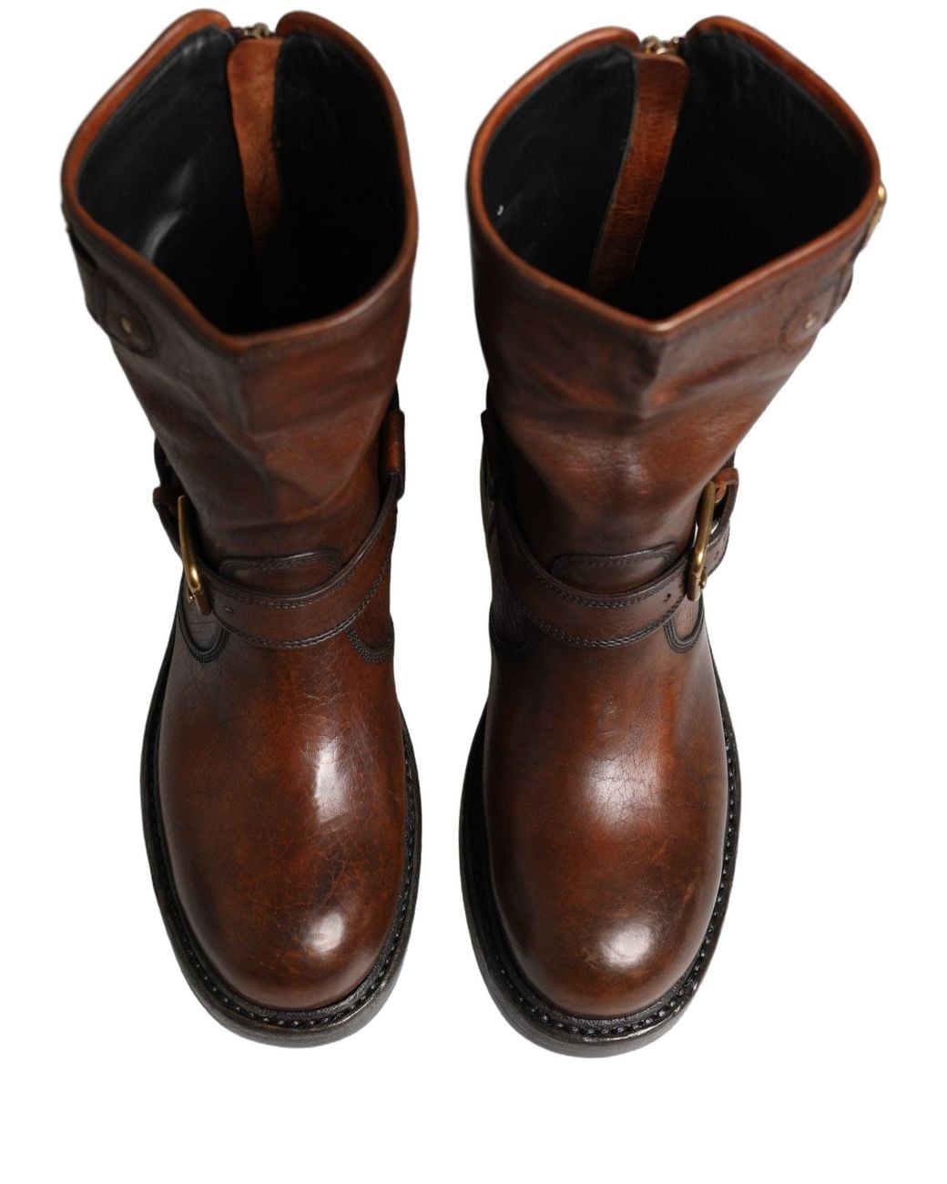 Dolce & Gabbana Brown Leather Mid Calf Biker Boots Shoes for men