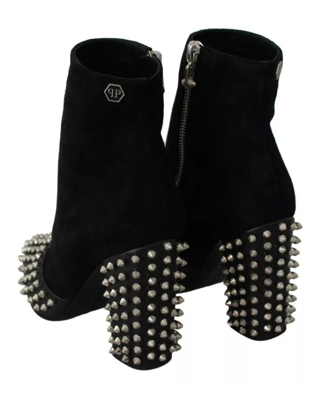 Philipp Plein Black Studded Heels Ankle Boots Shoes