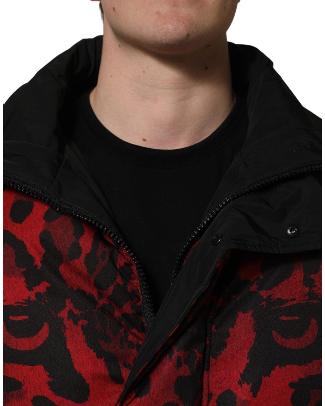 Dolce & Gabbana Red Black Reversible Animal Print Puffer Coat Jacket for men