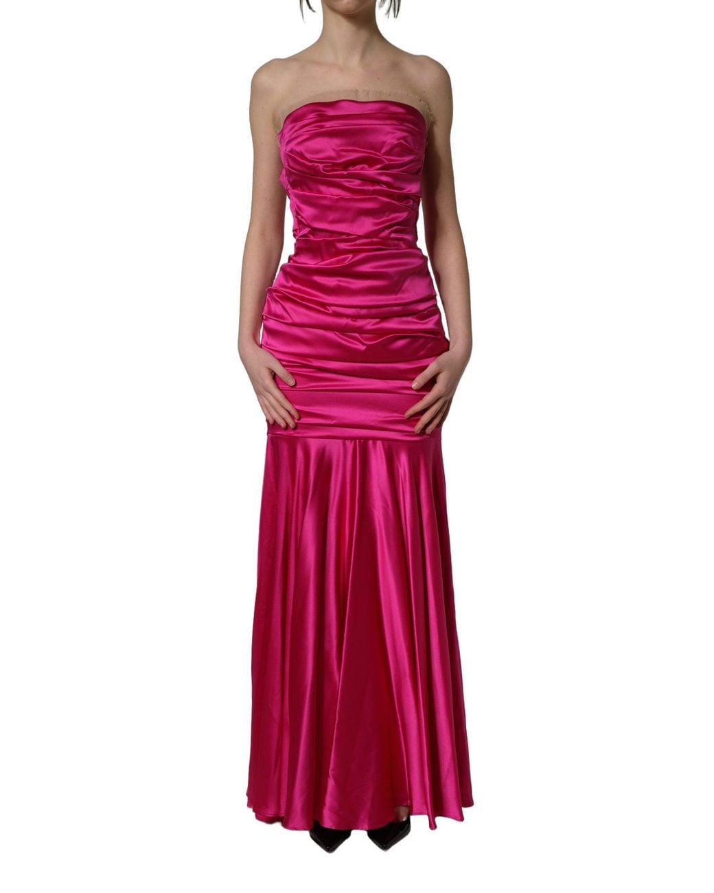 Dolce & Gabbana Red Hot Pink Ruched Satin Strapless Gown Dress