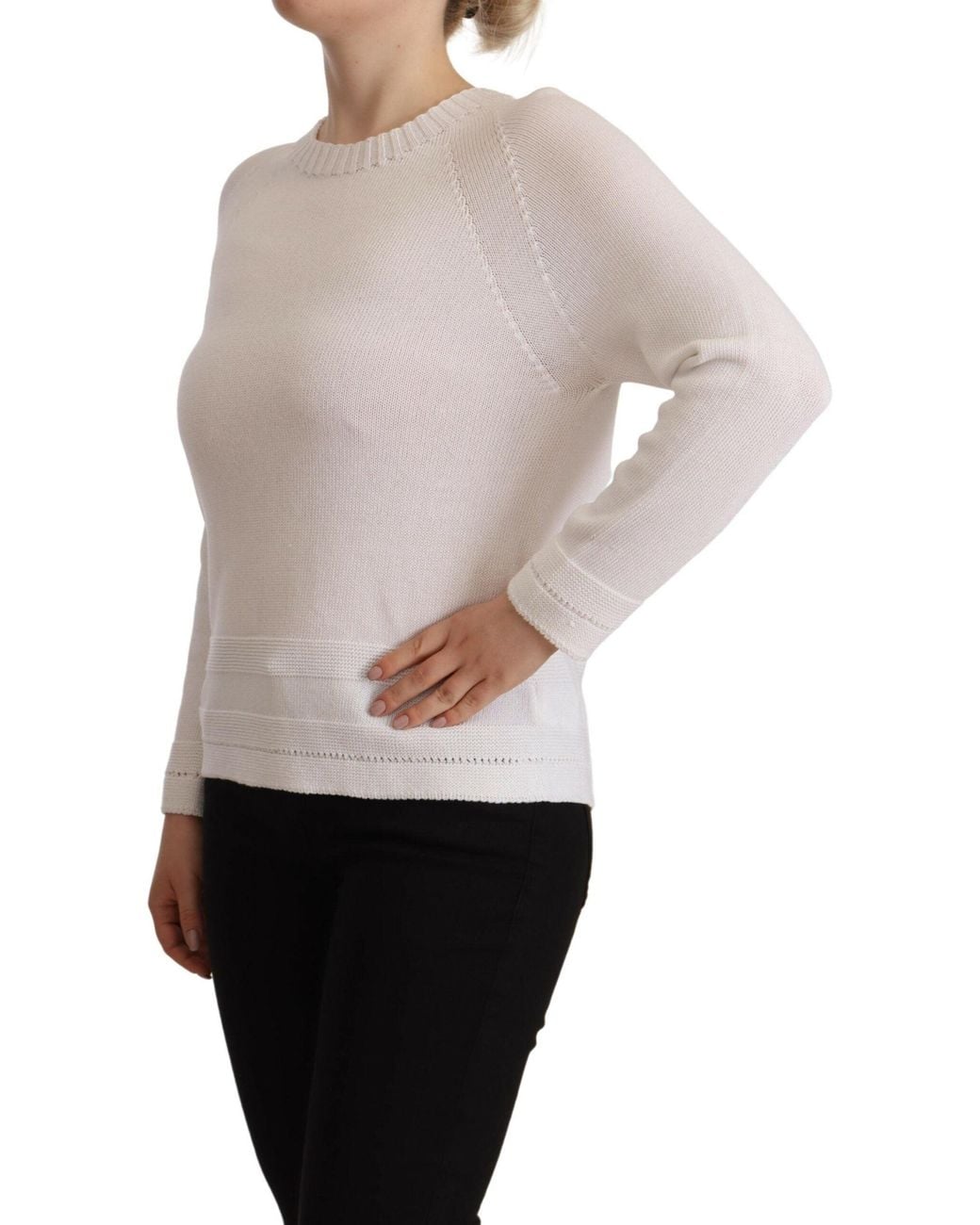 Alpha Studio White Long Sleeves Crewneck Pullover Sweater