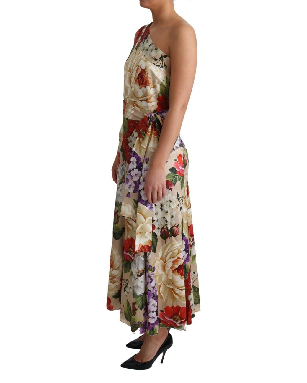 Dolce & Gabbana Brown Elegant One-Shoulder Floral Silk Maxi Dress