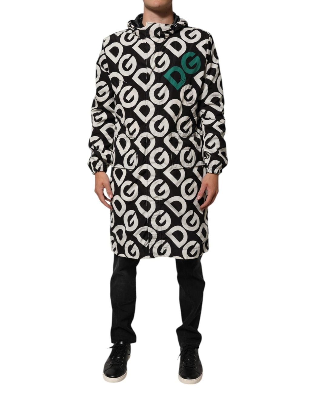 Dolce & Gabbana Black White Logo Print Hooded Coat Men Jacket for men
