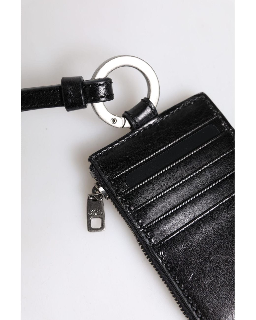 Dolce & Gabbana Black Leather Logo Embossed Lanyard Card Holder Wallet for men