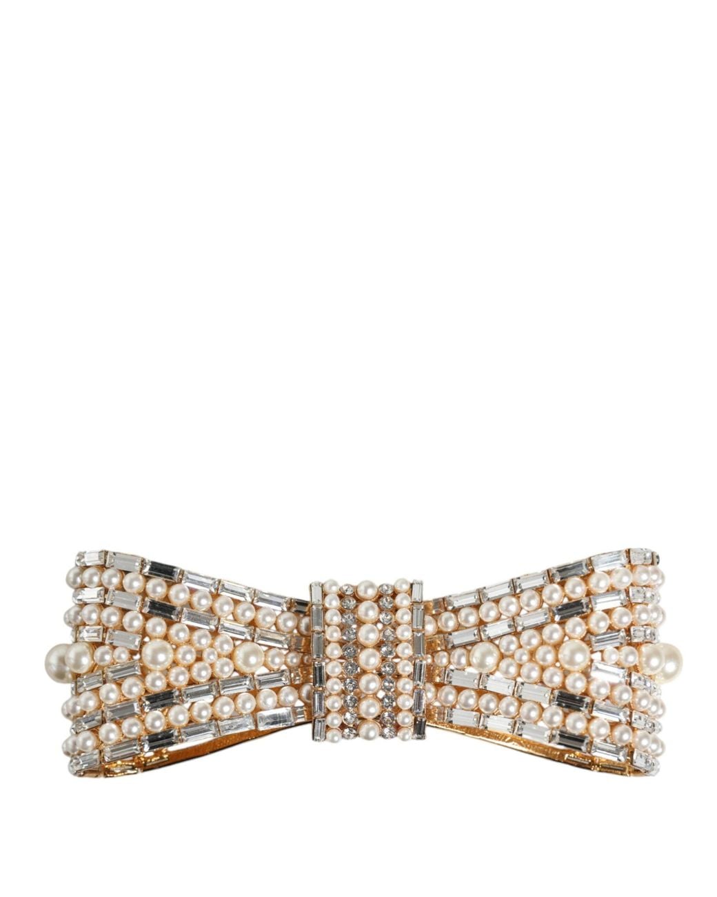 Dolce & Gabbana Natural Tone Brass Bow Crystal Fauxpearl Embellished Brooch