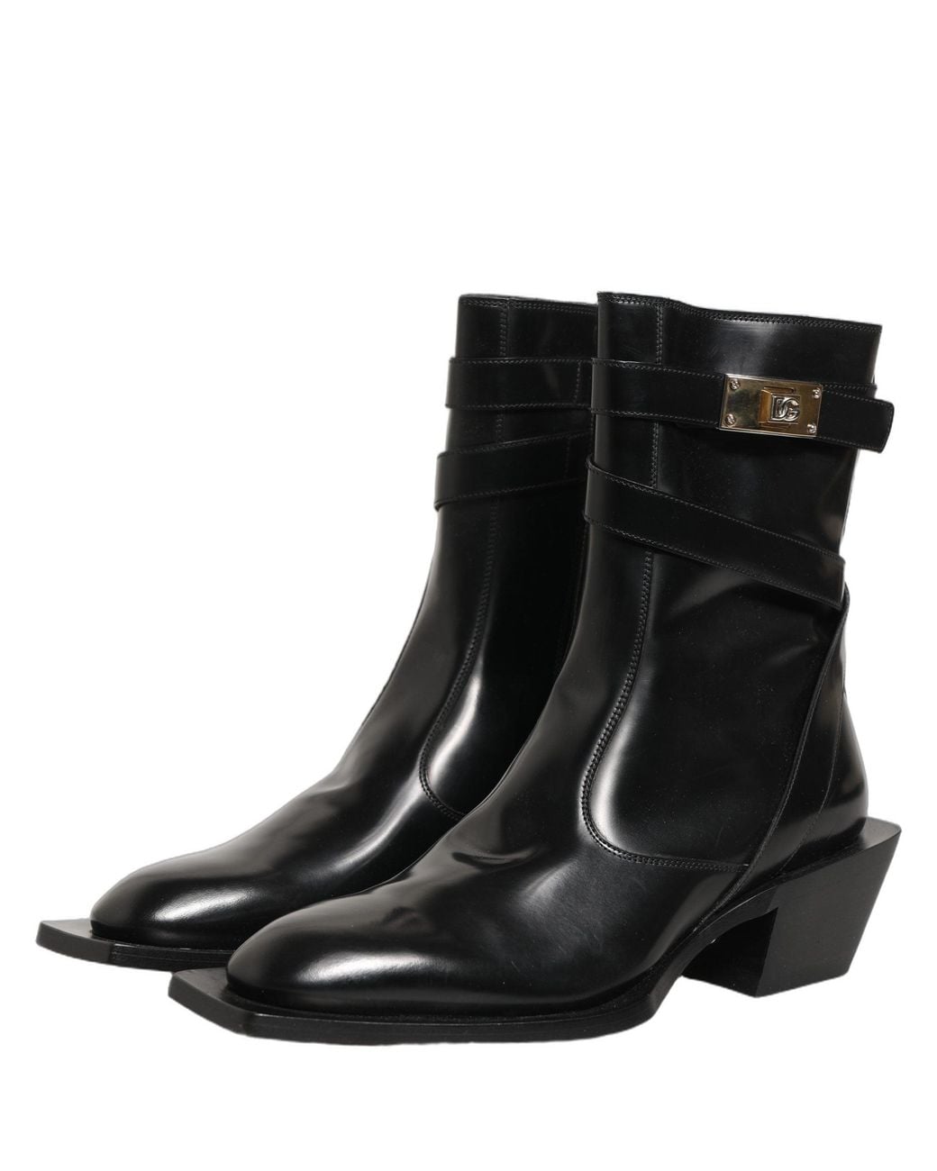 Dolce & Gabbana Black Leather Dg Plaque Mid Calf Boots Shoes for men