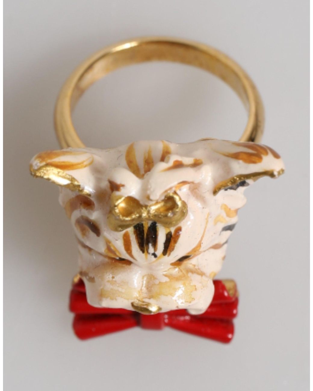Dolce & Gabbana Red Gold Brass Resin Beige Dog Pet Accessory Ring
