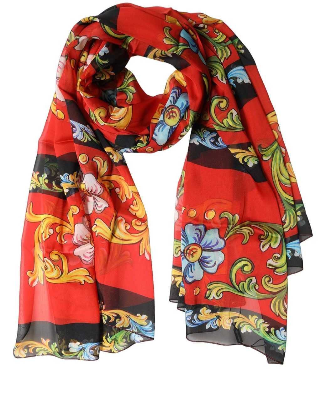 Dolce & Gabbana Red Multicolor Floral Silk Shawl Stole Scarf