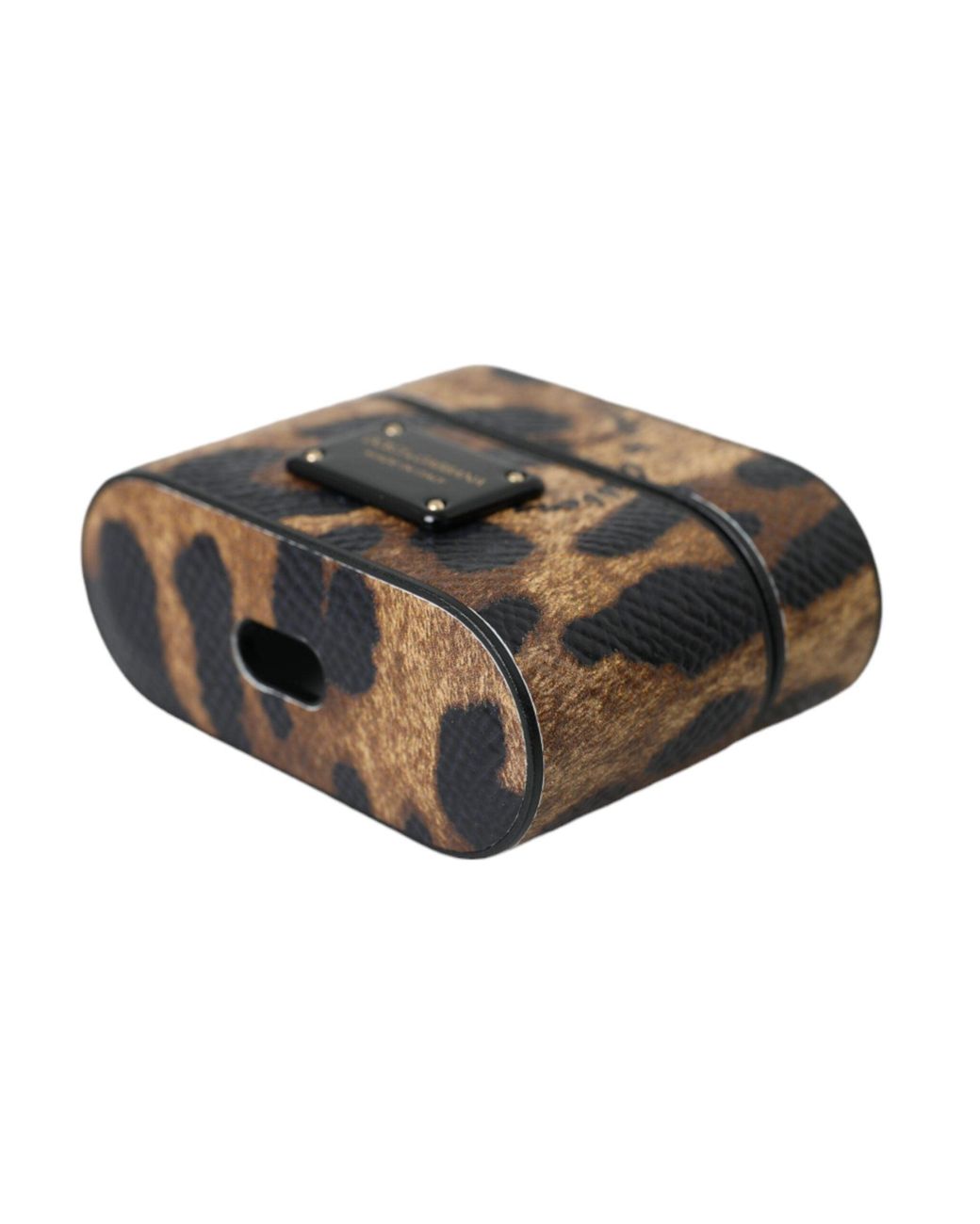 Dolce & Gabbana Metallic Leopard Calf Leather Metal Logo Plaque Airpods Case