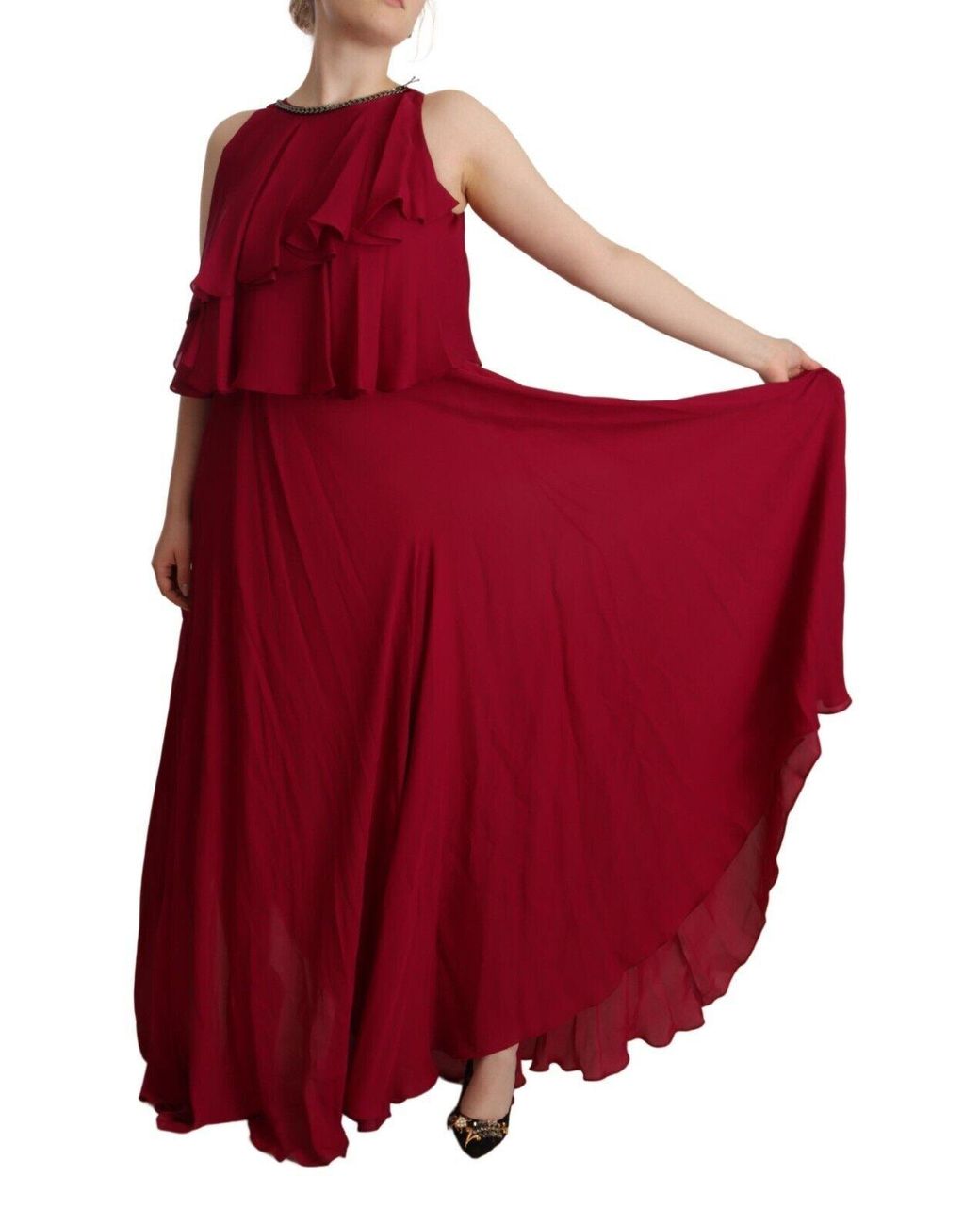 Plein Sud Red Orchid Silk Sleeveless Long Maxi Ruffle Shift Dress