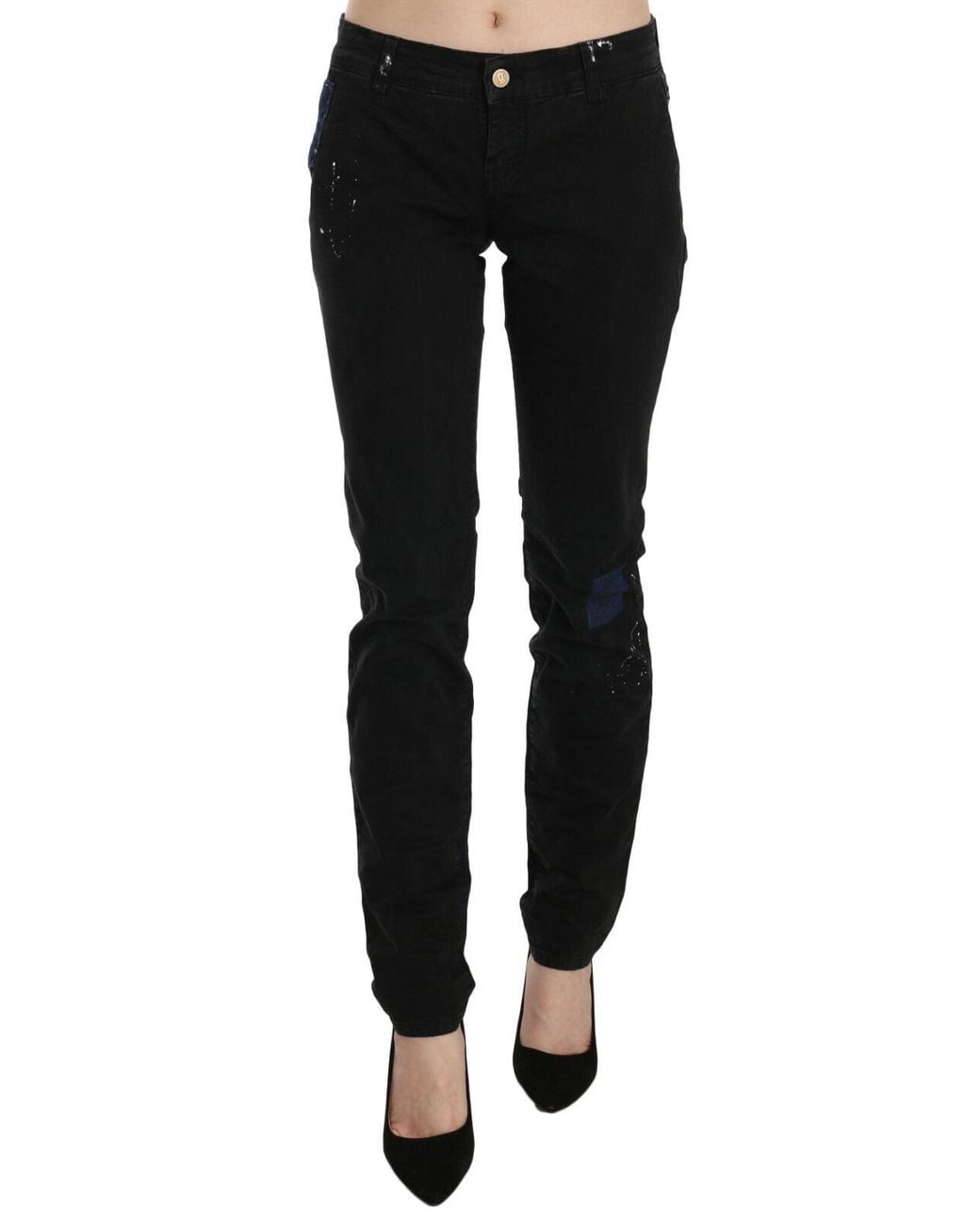 John Galliano Black Low Waist White Paint Skinny Denim Pants Jeans