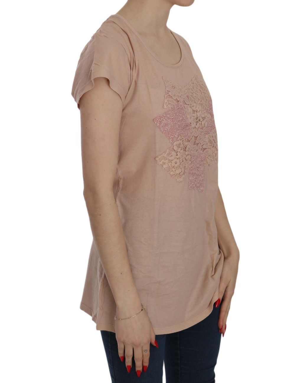 Pink Memories Multicolor Pink Cream Lace Short Sleeve Shirt Top Cotton Blouse