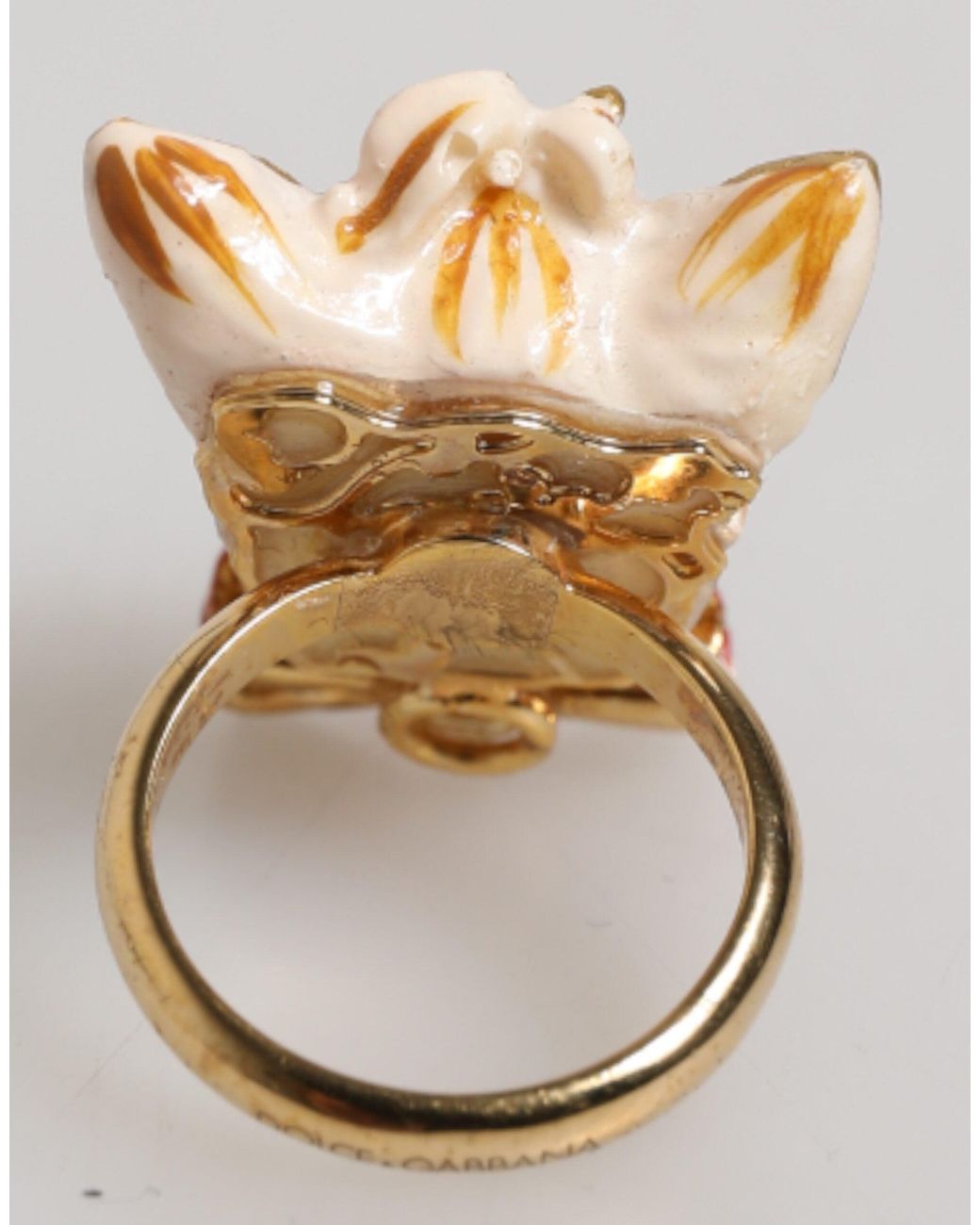 Dolce & Gabbana Red Gold Brass Resin Beige Dog Pet Accessory Ring