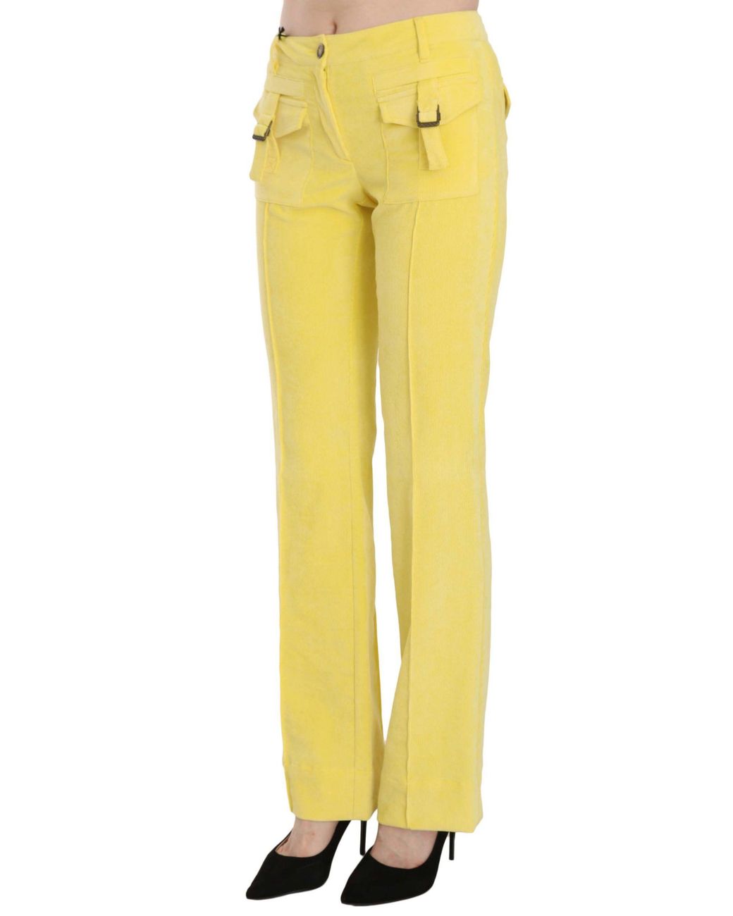 Just Cavalli Yellow Corduroy Mid Waist Straight Trousers Pants