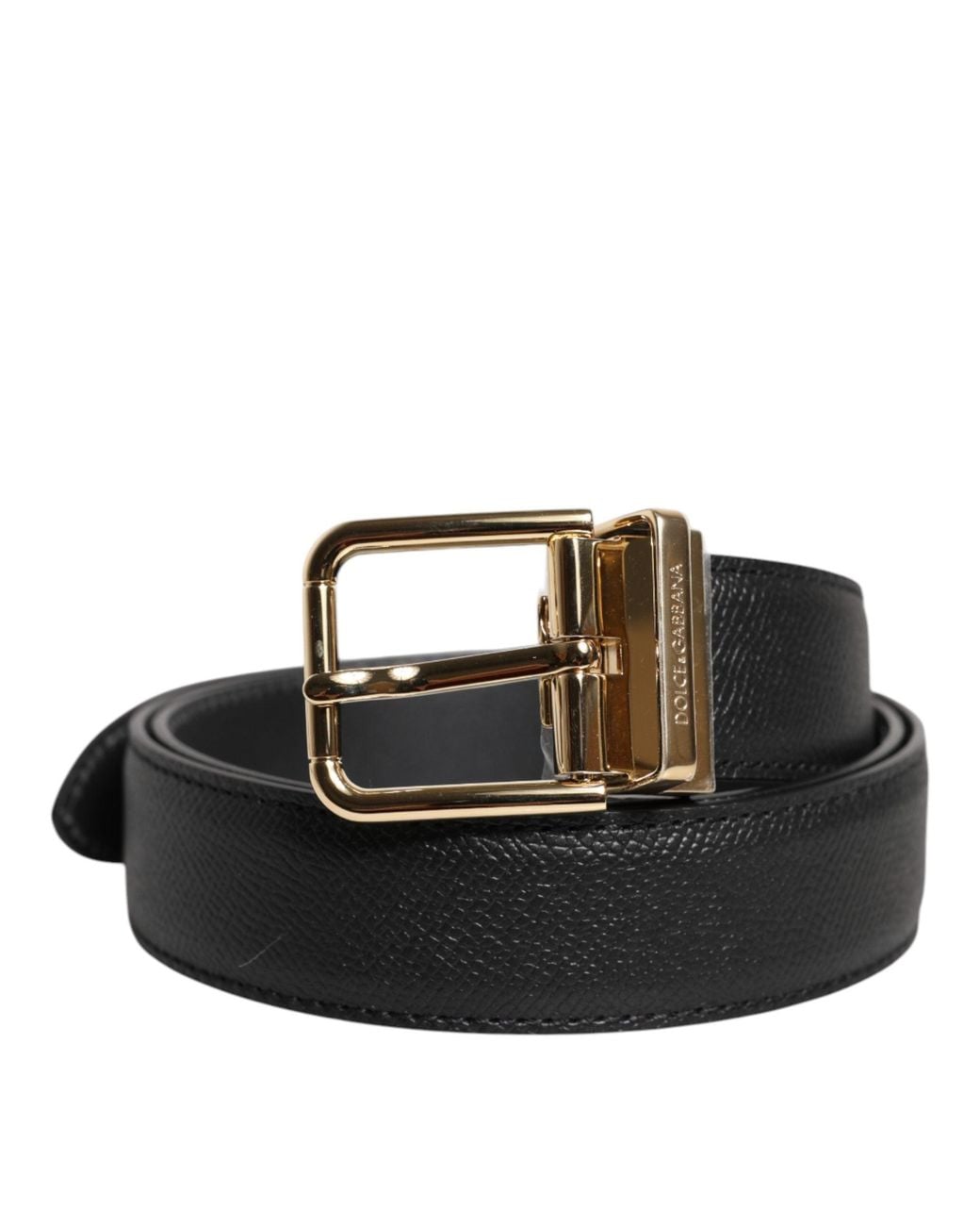 Dolce & Gabbana Black Grained Leather Gold Metal Buckle Belt