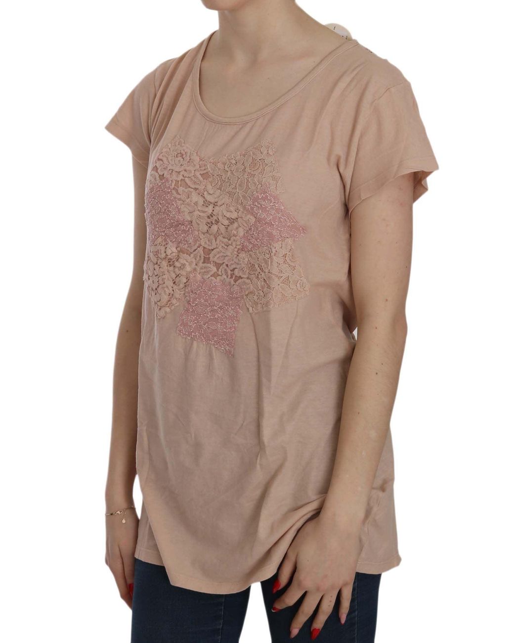 Pink Memories Multicolor Pink Cream Lace Short Sleeve Shirt Top Cotton Blouse