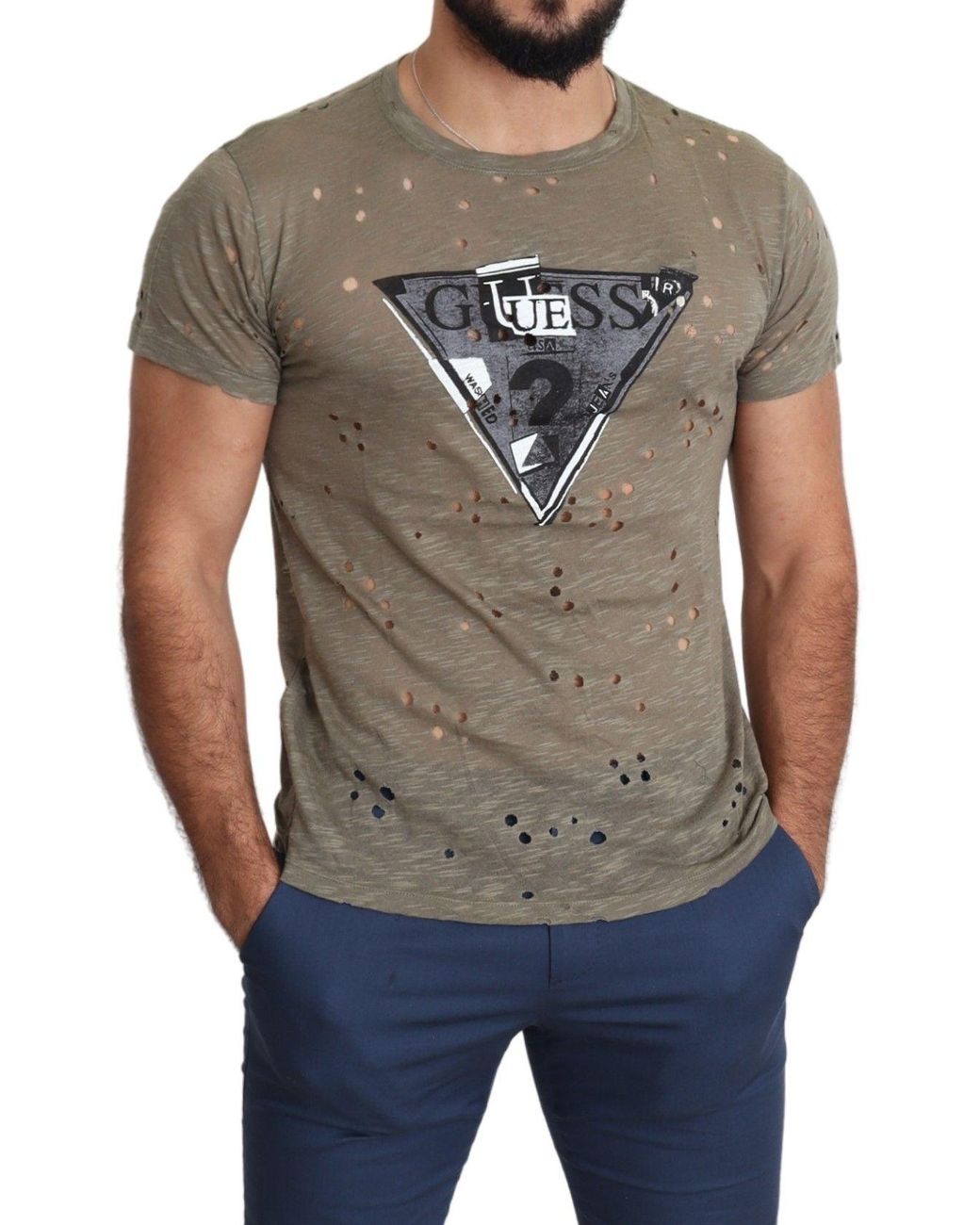 Guess Gray Cotton Stretch Logo Print Casual Perforated T-Shirt for men