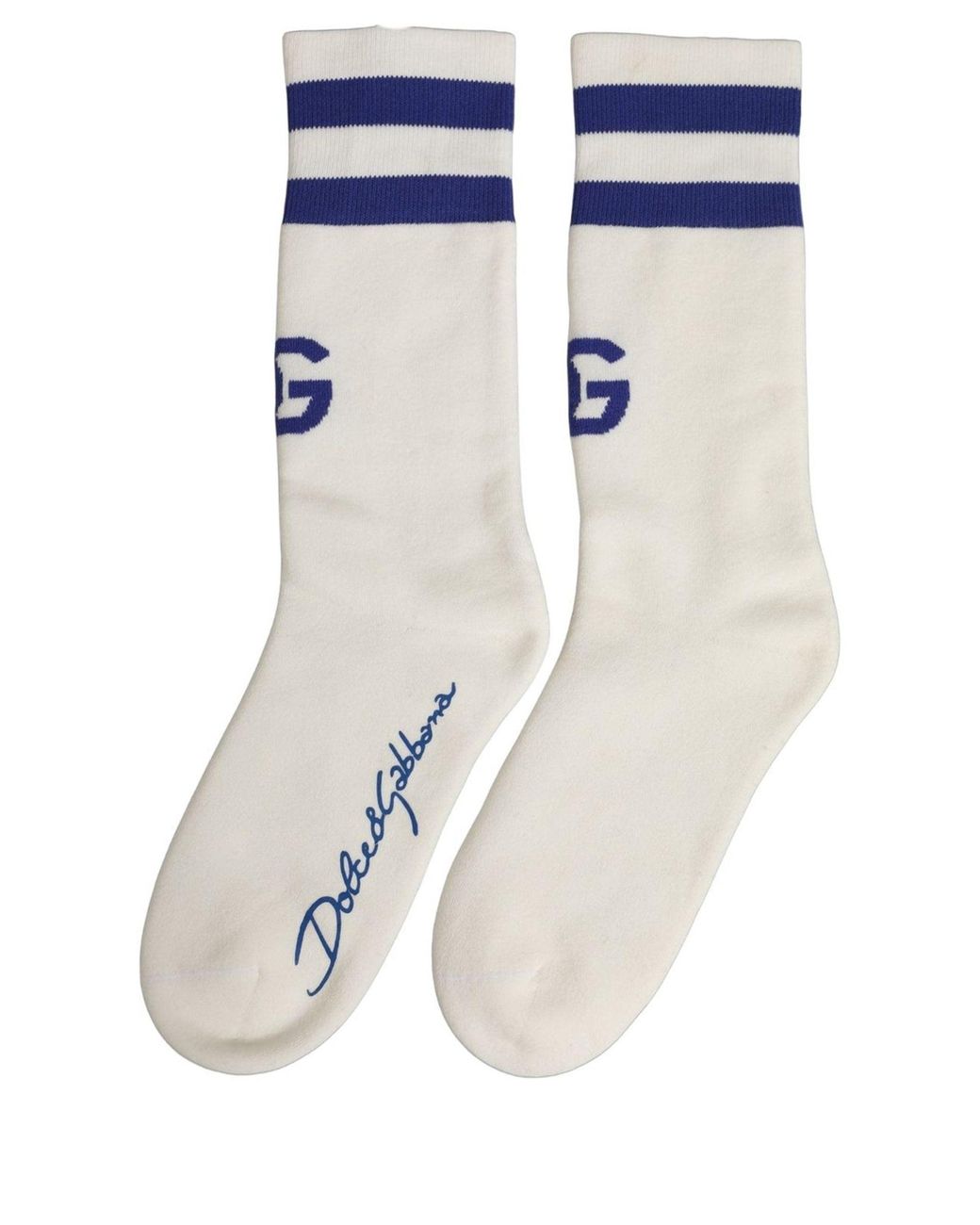 Dolce & Gabbana White Blue Cotton Logo Calf Accessory Socks