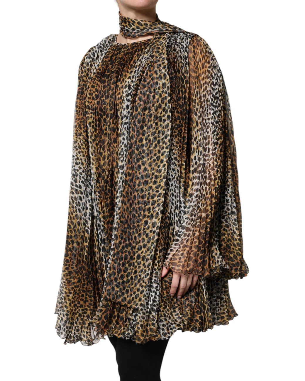 Dolce & Gabbana Brown Leopard Print Scarf Collared Chiffon Dress for men