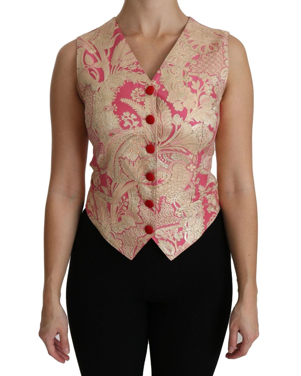 Dolce & Gabbana Black Pink Gold Brocade Waistcoat Vest Blouse Top