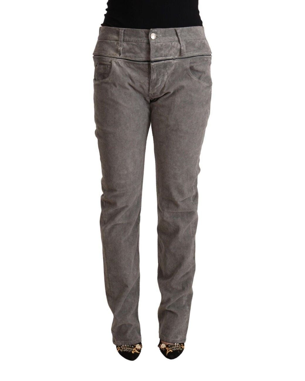Acht Black Gray Cotton Straight Fit High Waist Pants