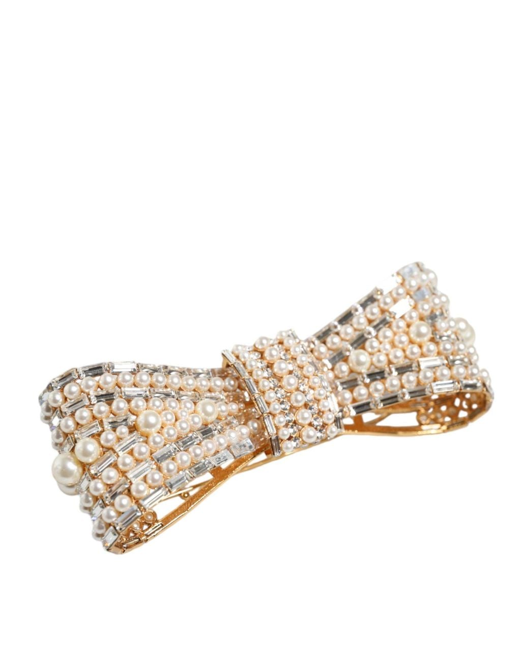 Dolce & Gabbana Natural Tone Brass Bow Crystal Fauxpearl Embellished Brooch