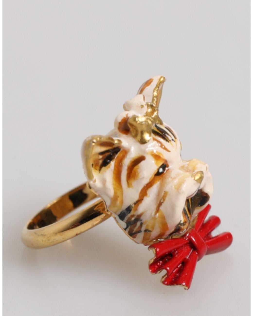 Dolce & Gabbana Red Gold Brass Resin Beige Dog Pet Accessory Ring