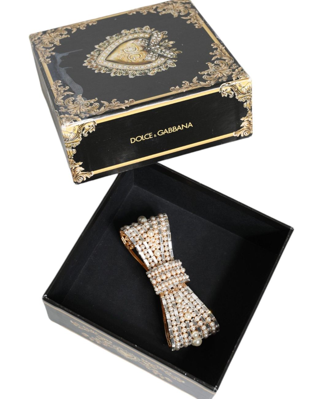 Dolce & Gabbana Natural Tone Brass Bow Crystal Fauxpearl Embellished Brooch