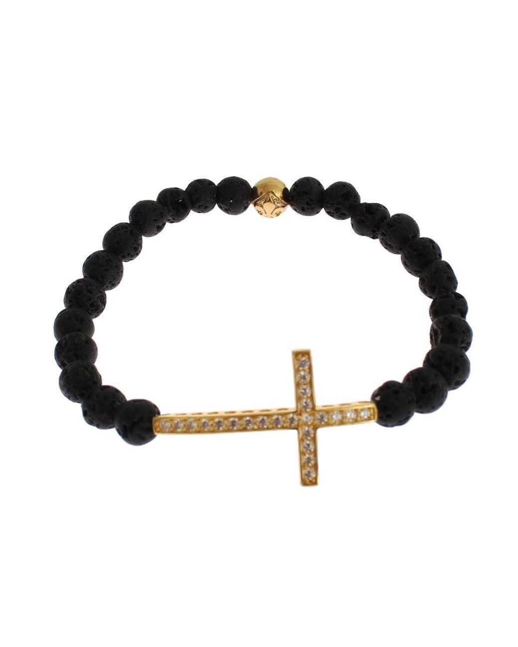 Nialaya Black Lava Stone Gold Clear Cz Cross 925 Silver Bracelet