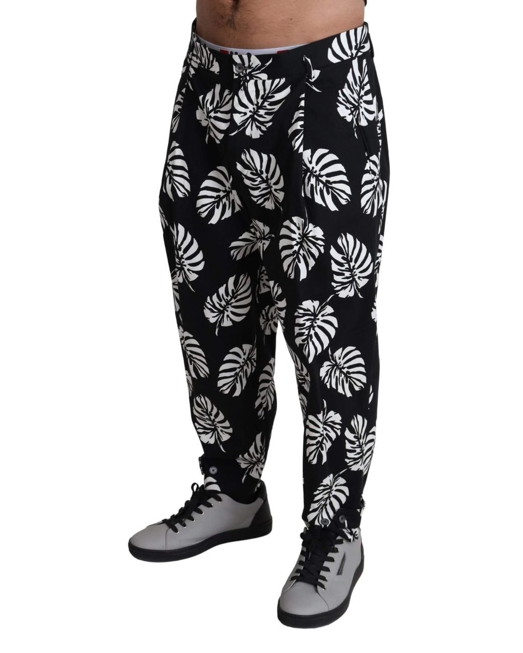 Dolce & Gabbana Black Leaf Cotton Stretch Trouser Pants Pants for men